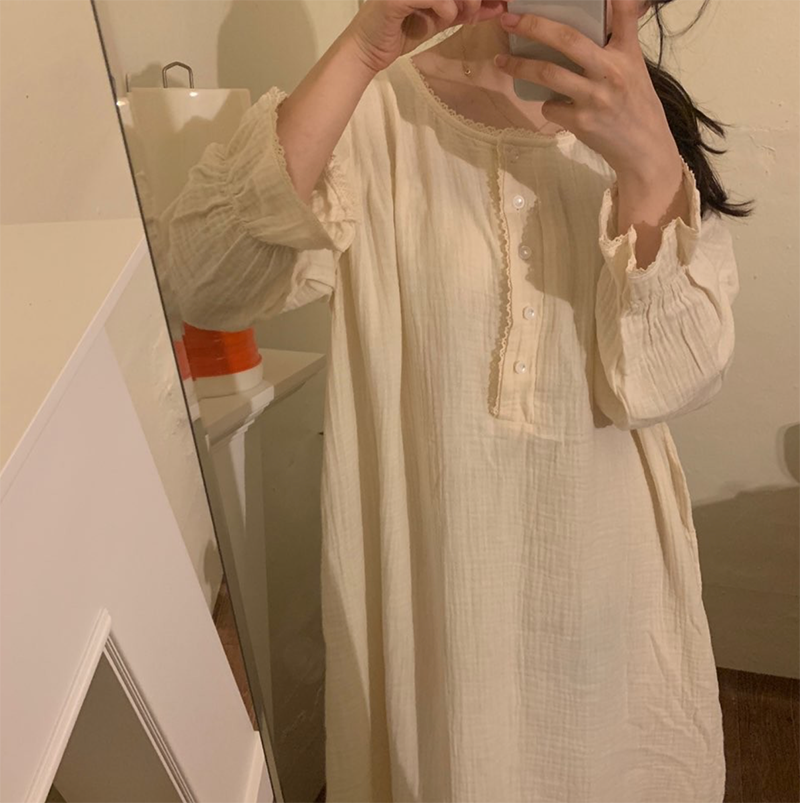 O-Neck Cotton Sleepwear Vintage Loose Homewear Nightgown Long Midi Dress Pearls Buttons Soft Long Sleeve Korean Kawaii