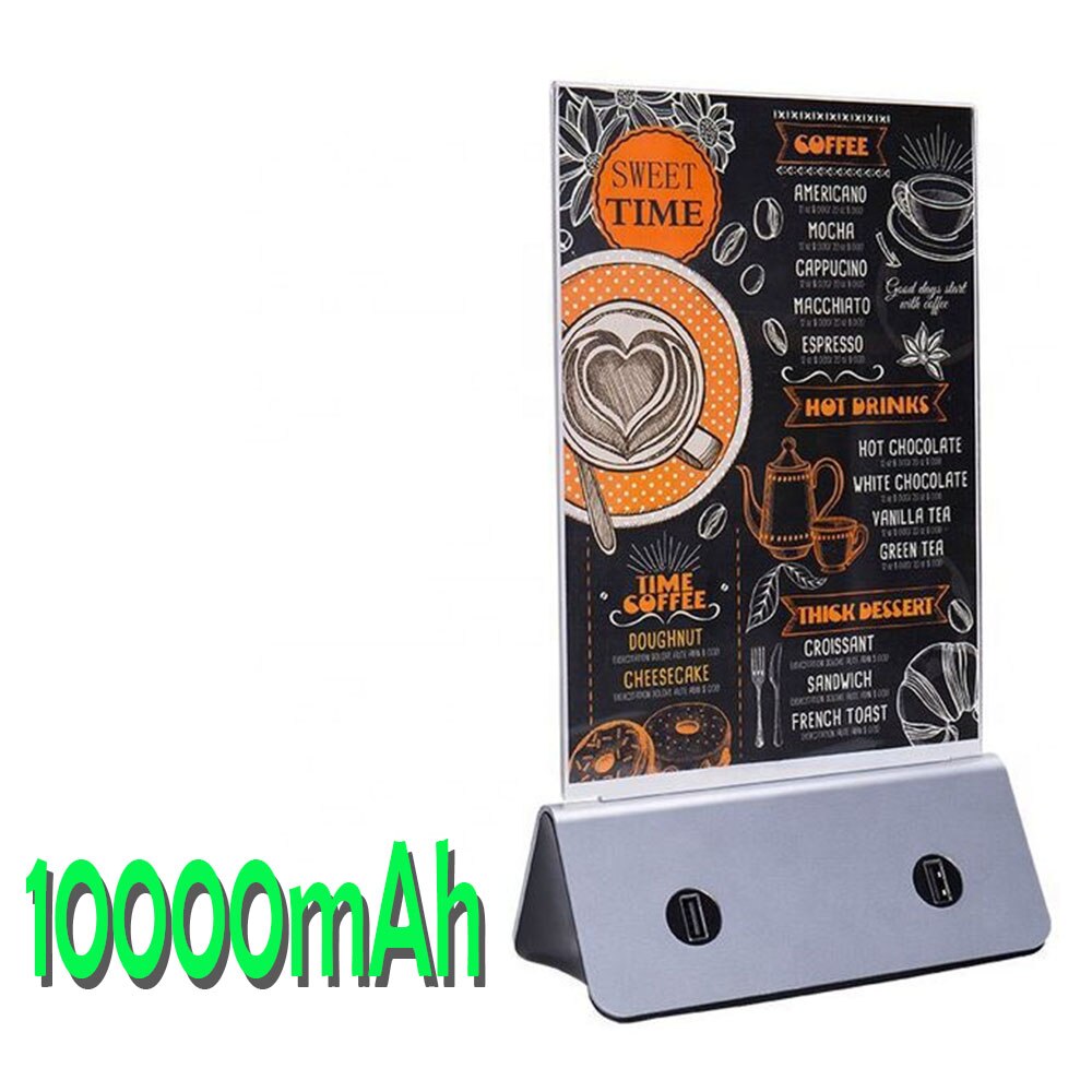 4-USB Ports Power Bank Charger For Restaurant Table Menu Number Stand Holder Acrylic Plastic A5 Size LED Light 10000mAh: Silver 10000mAh