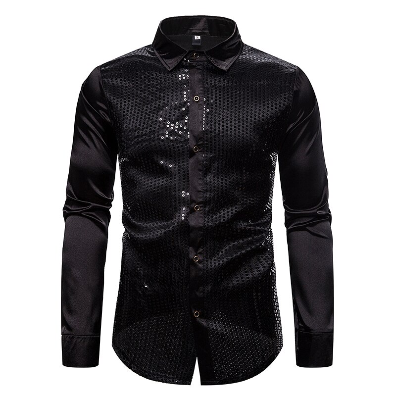 Chemise à manches longues pour hommes en soie dorée, en paillettes, robe Disco brillante, pour les soirées en boîte de nuit, bal Hip Hop, Streetwear, modèle chemises décontractées: Black Shirts / XL