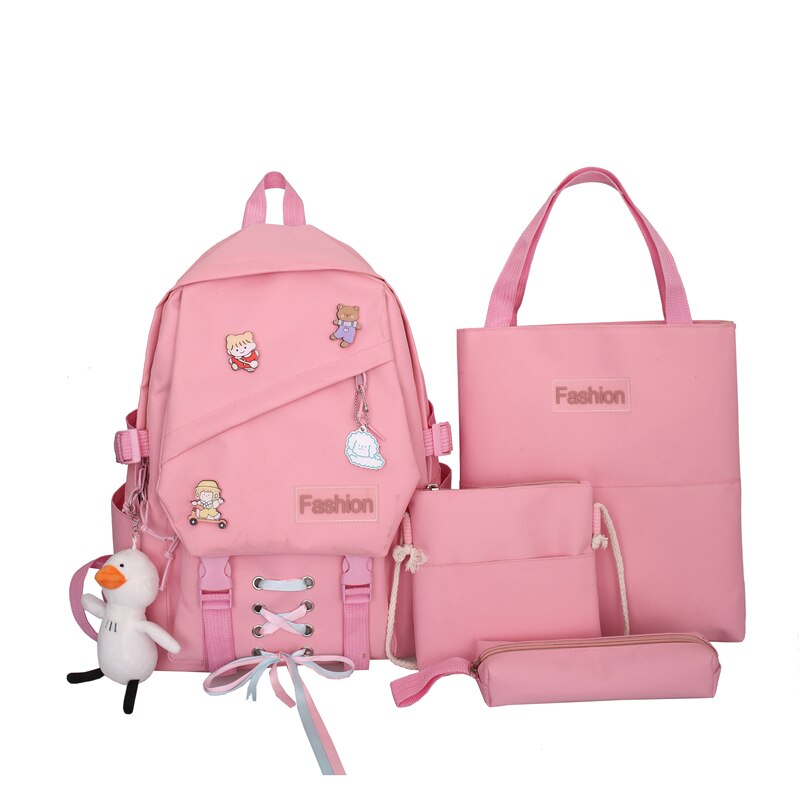 4-Delige Set Meisje Rugzak Voor School Tassen Tiener Leuke Lint Mode Middelbare School Student Rugzak Vrouwen nylon Groen: Roze / No pendant