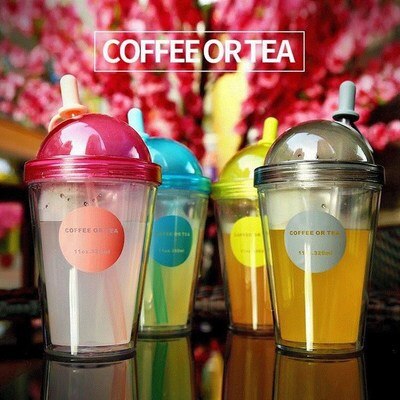 Kaffekopper av plast med lokk og sugerør til iskaffe juice boble boba smoothie soda cocktailparty og te 320ml