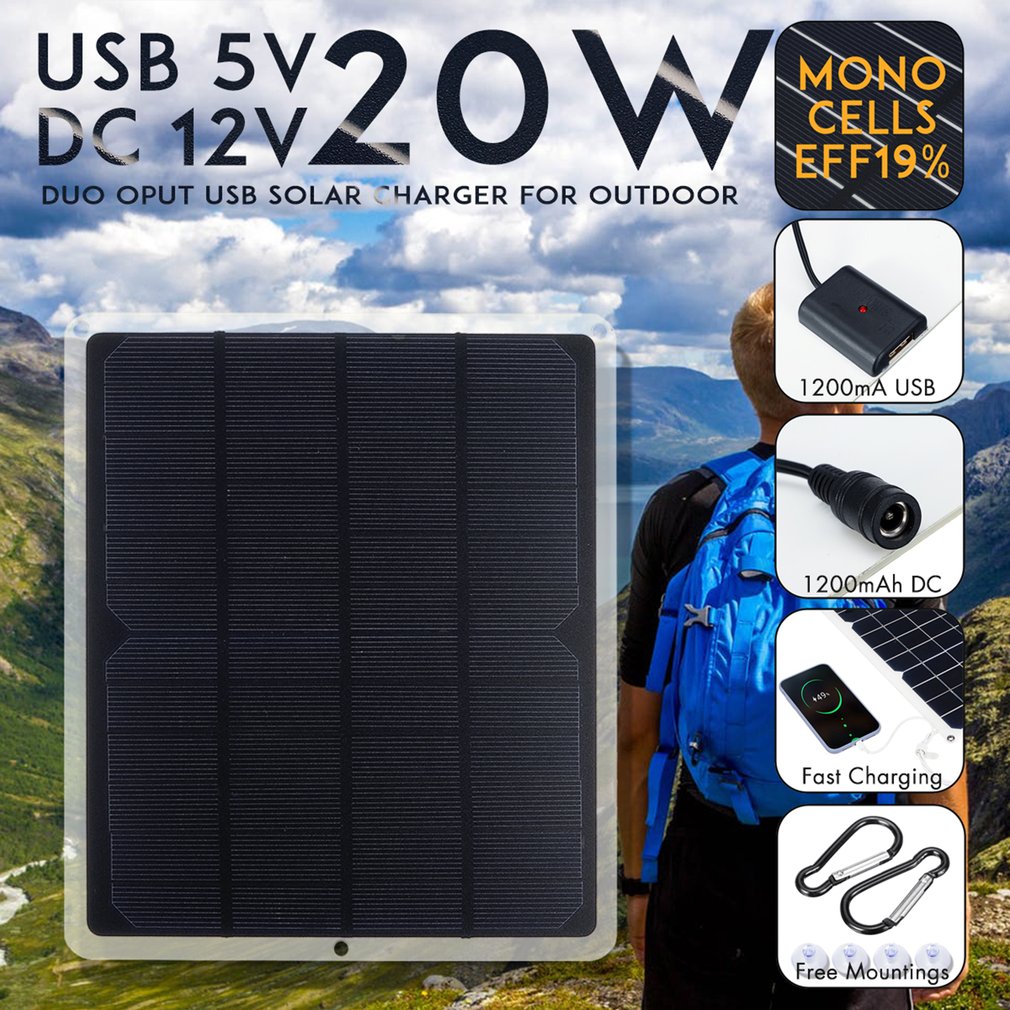 20w 12v mono solcellepanel usb batterilader strømbank for mobiltelefon campinglader ultra tynn høy effektivitet