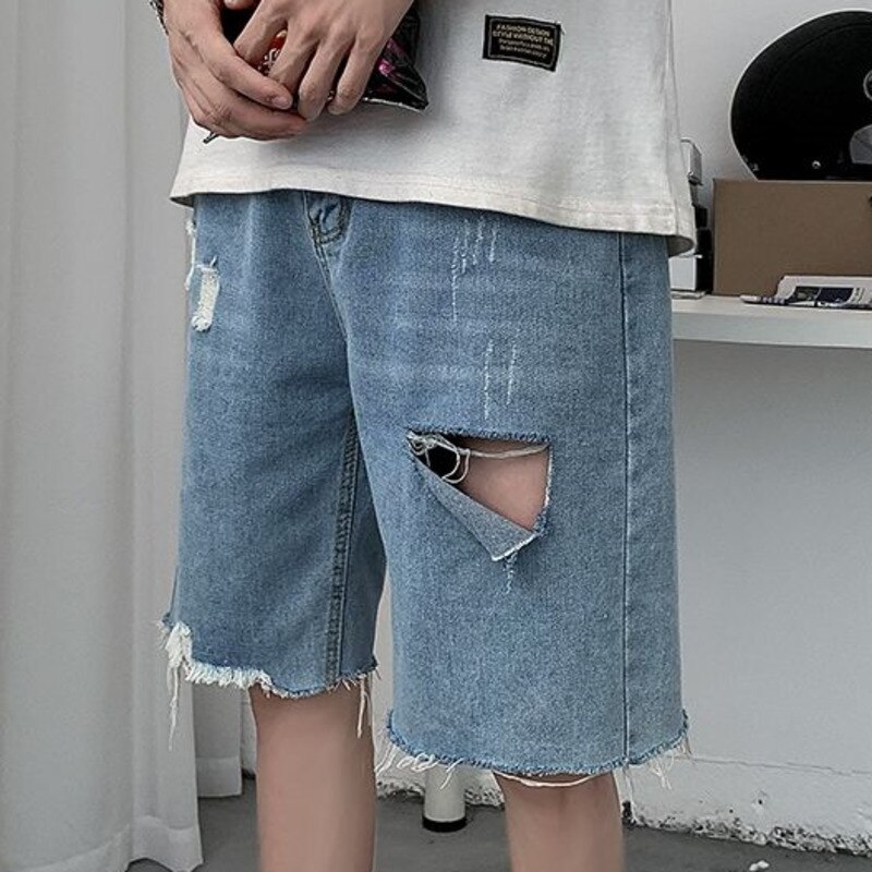 Sommer ripped denim shorts herre retro afslappet hul korte jeans herre streetwear løse lige denim shorts herre s -3xl
