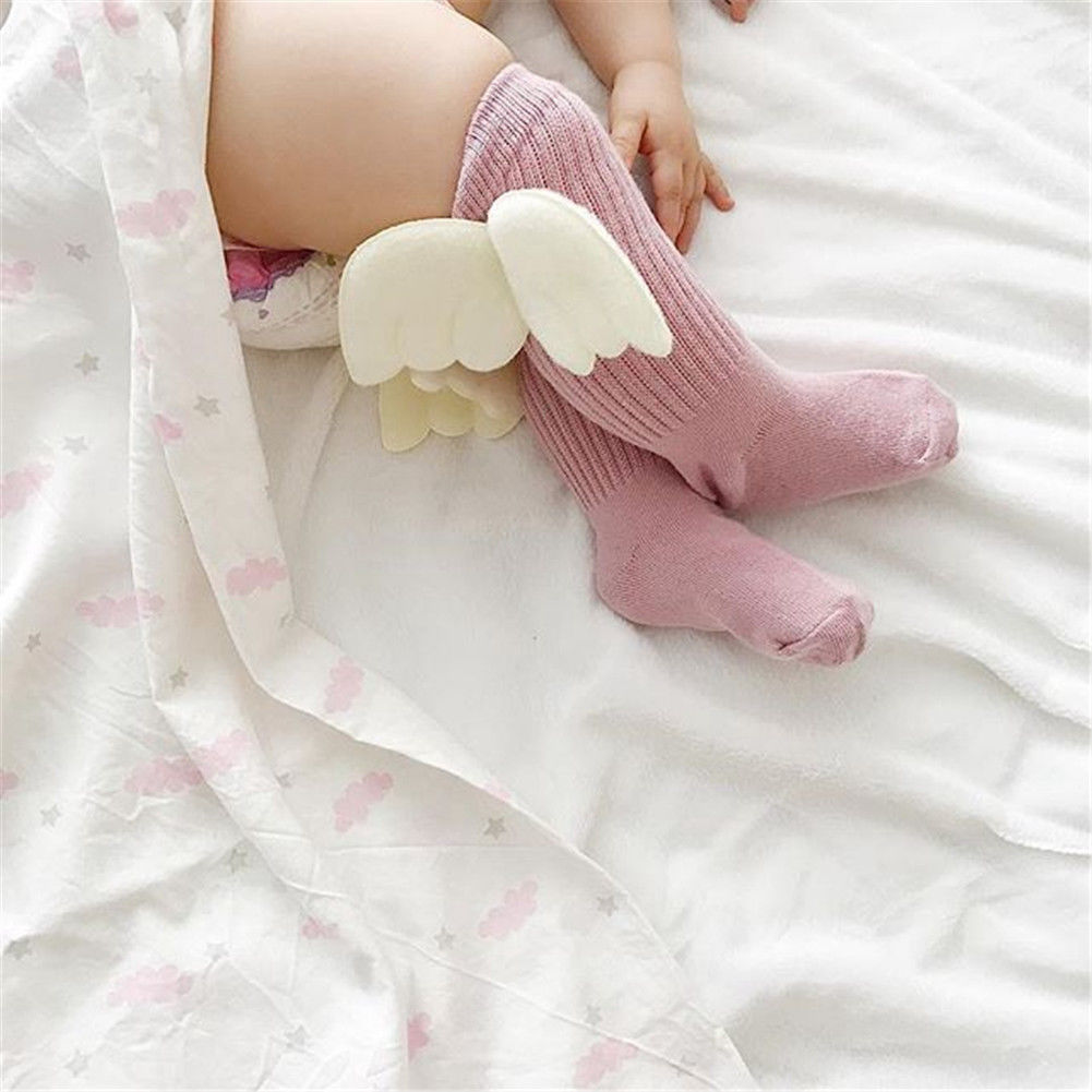 0-4Y Kids Baby Meisjes Katoenen Lange Sokken Effen Kleur Angel Wing Knie Lengte Sokken Herfst Winter Warm Lange Sokken Been warmer
