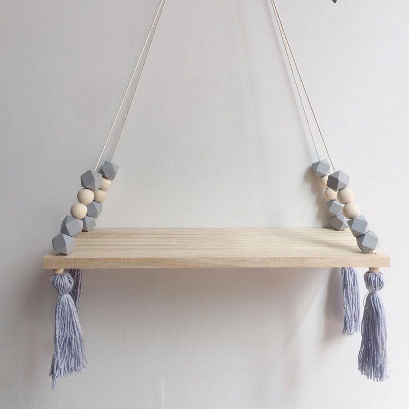 Bedroom Decoration Wall Hanging Ornaments Tassel Beads Pendant Wooden Board Storage Shelf Rack Photo Props Child Kid Room Home: M