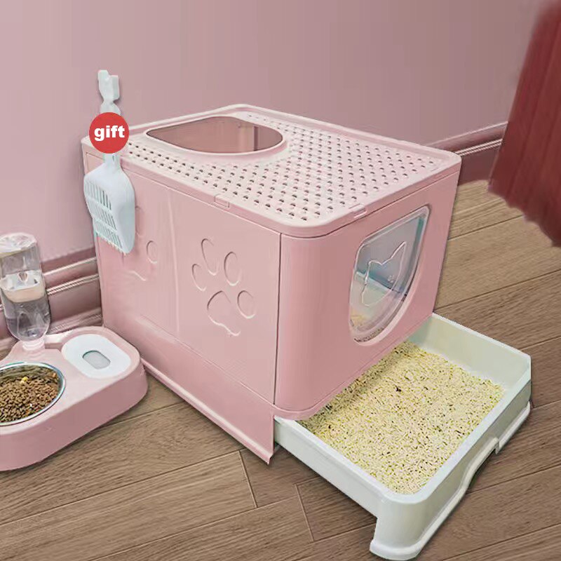 Caja de arena grande para gatos, arenero cerrado, bandeja de arena de plástico, antisplas, productos para mascotas, Alfombra de cama: pink 50X40X38 cm
