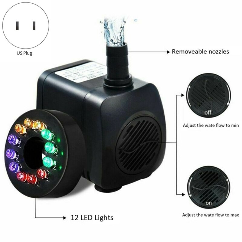 US Plug 15W Ultra-Quiet Water Pump with Power Cord Waterproof Fountain with 12 LED Light for Garden Water Pump Fountain