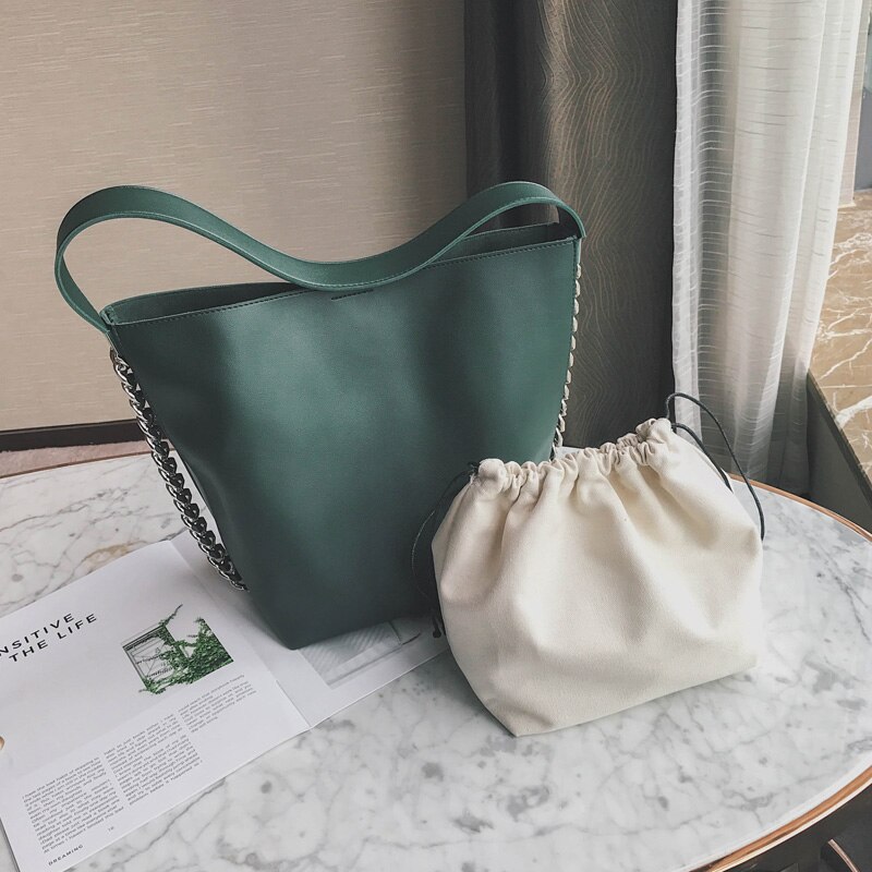 Solide couleur femmes sac à bandoulière grande capacité chaîne seau sacs à main PU cuir femmes fourre-tout sac à provisions: green