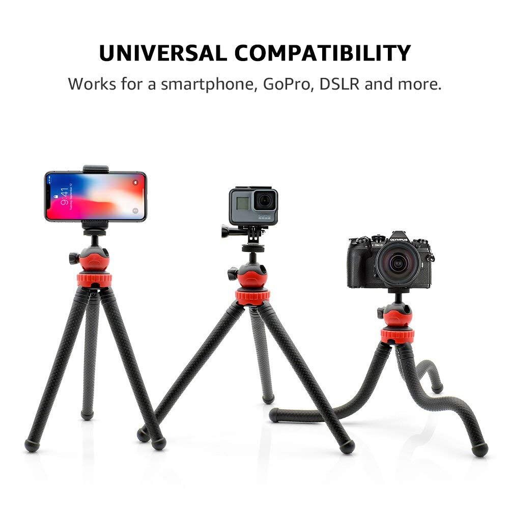 Fleksibelt kuglehovedstativ til iphone, android telefon, gopro, dslr kamera og mere, inkluderet universal smartphone klemme og go pro
