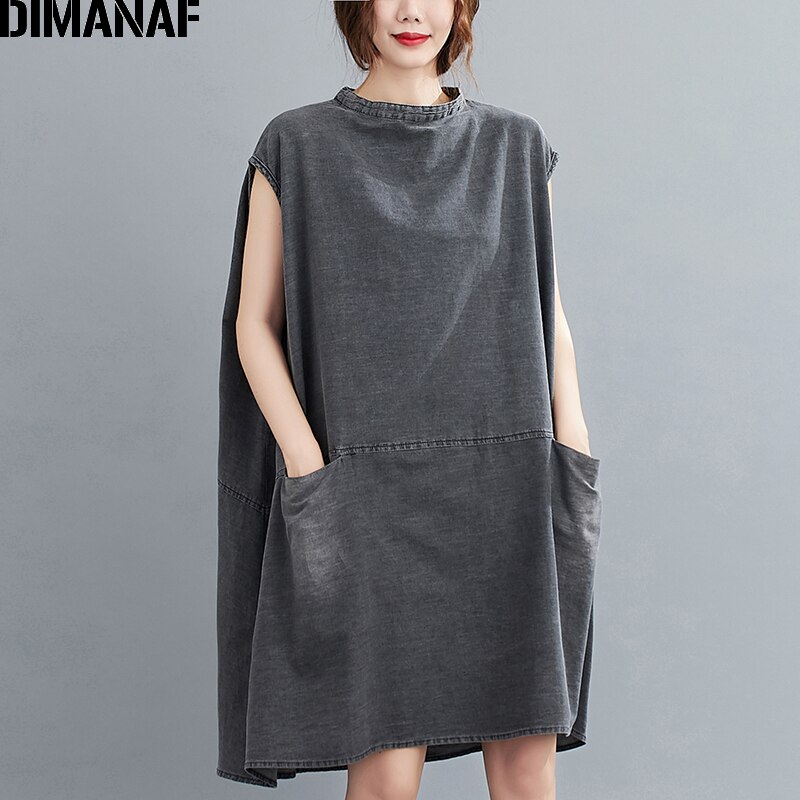 Dimanaf plus size dam klänning vintage tjocka jeans stor storlek vestidos lös dam klänning ärmlös knälång ficka