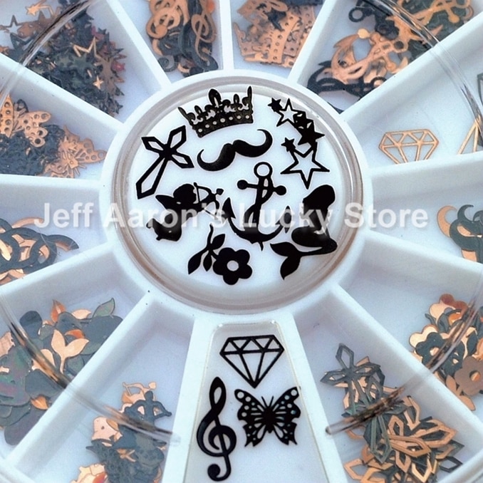 12 vormen 3D Metalen Kerst Nail Art Decoratie Slice Black Nail Stickers Decal Folie Wiel