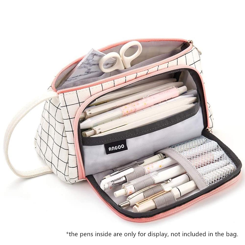 Angoo [Pure] Kleur Etui, Multi Slot Pen Zak, grote Opslag Pouch Organizer Voor Briefpapier Cosmetische Reizen Portemonnee A6443: Black Grid