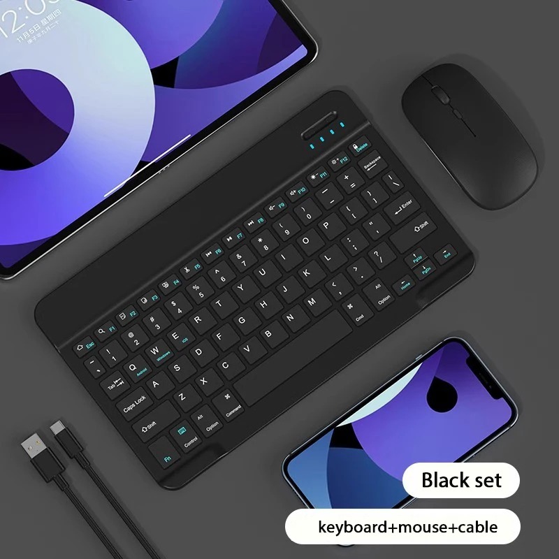 Bluetooth-Tastatur, Mobiltelefon, Tablette, universelles 10-Zoll-Maus-Tastatur-einstellen, kabellose Steuerung, Ladeadapter mit iPad: Schwarz