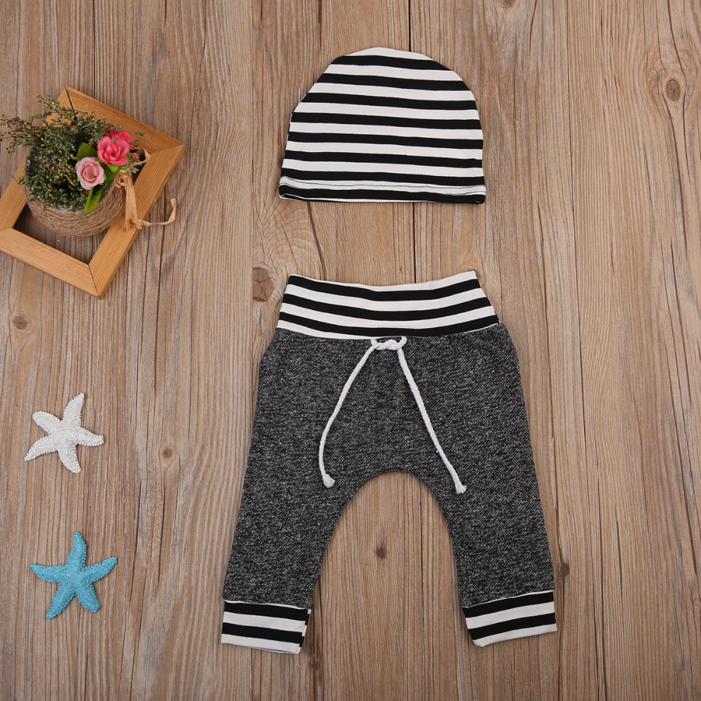 Pasgeboren Peuter Baby Baby Jongens Meisjes Broek Gestreepte Gedrukt Bottom Casual Broek Hoed 2 Stuks