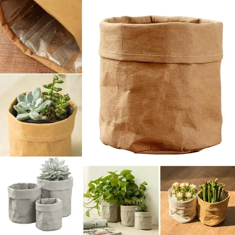 Maceta de papel Kraft lavable de 3 tamaños, macetas creativas de escritorio para flores, macetero de suculentas reutilizable, bolsa de almacenamiento multifunción