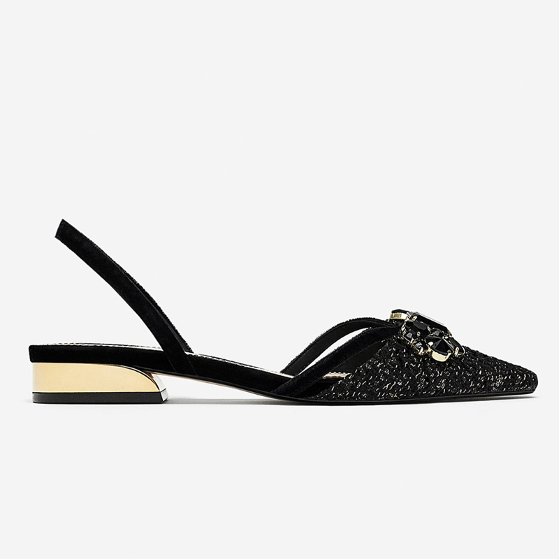 Luxe noir cristal femmes sandales plates Slingback or talon femmes sandales à bout pointu sans lacet d'été Mujer Sandale Femme A072: 7