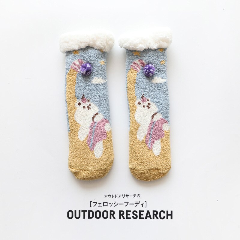 Kids Anti Slip Cashmere Christmas Socks Toddler Child Boys Girl Baby Winter Thick Warm Cartoon Animal Parent-child Thermal Sock: Sleeping bear / adult