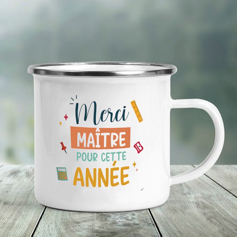Merci maître tryck muggar kaffekoppar drycker vatten mjölk tekopp emaljmugg skola hem handtag drinkware bästa lärare: Xh3907-a015wh-8