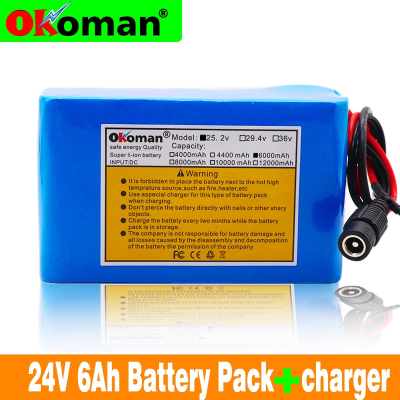 Okoman Large Capacity Battery Pack 24V 6Ah 18650 Lithium Ion Battery 25.2V 6000mAh Power Tools Bicycle Battery