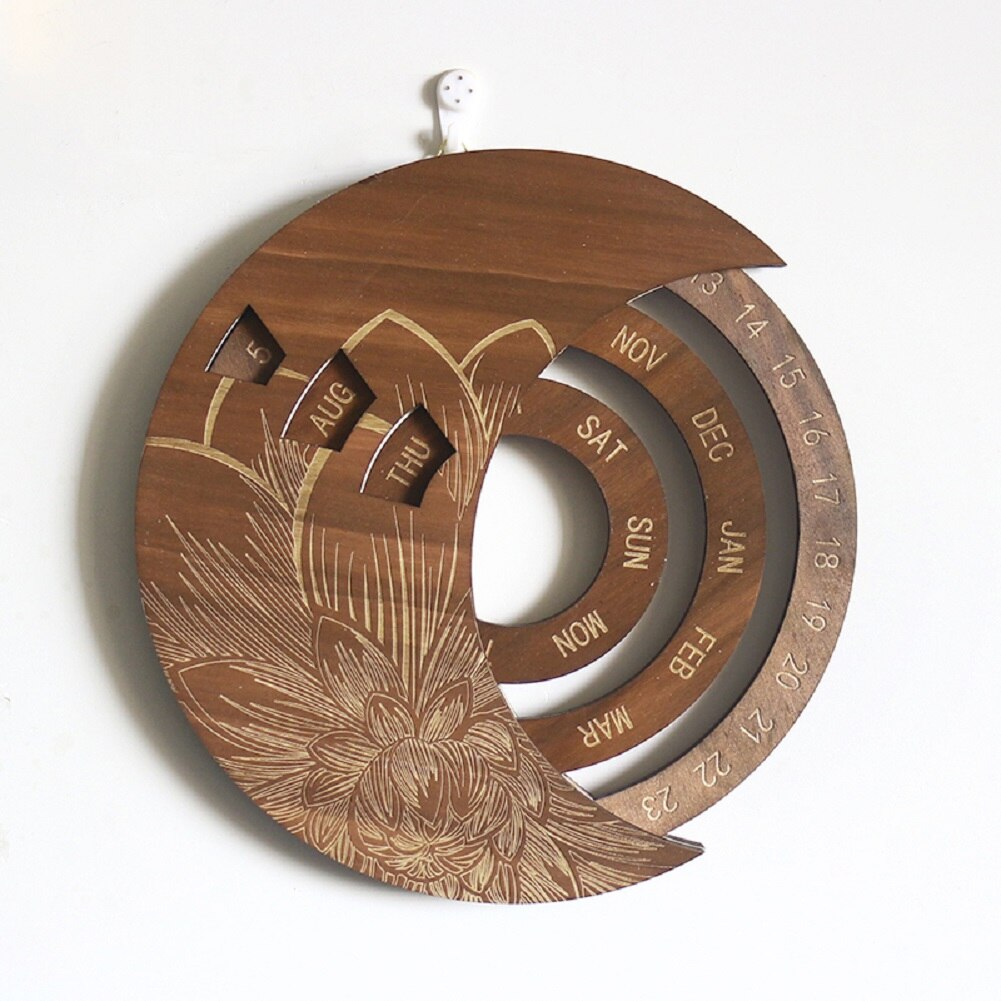 Wooden Calendar, Floral Print Rotatable Permanent Calendar Decorative Ornaments for Living Room Bedroom Arrivals: B