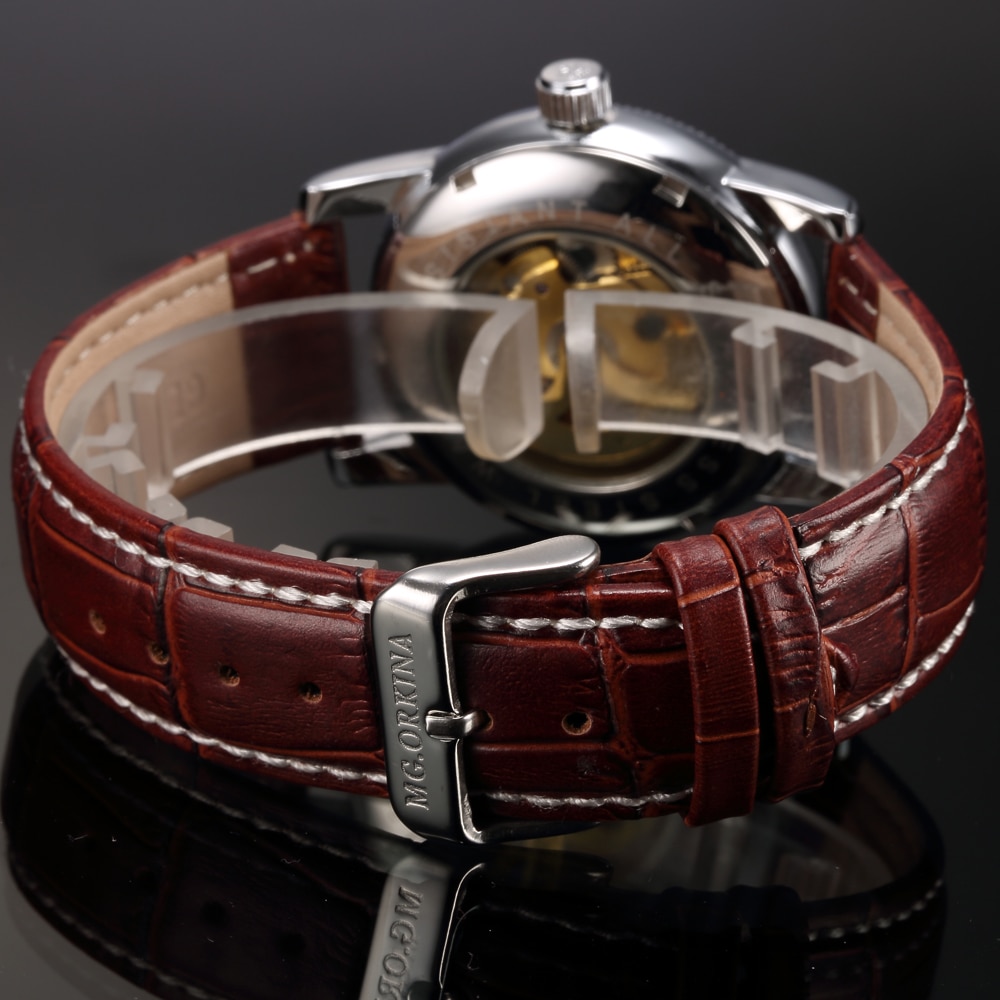 Mænds armbåndsure luksus gyldent skelet mekanisk steampunk mandligt ur automatisk armbåndsur læderrem herren horloges