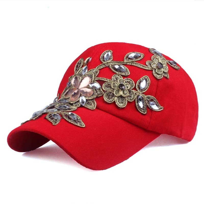 [yarbuu] mærke baseball kasket med blomster kanvas snapback kasketter til kvinder kvinde kasket hat rhinestone denim kasket: Rød