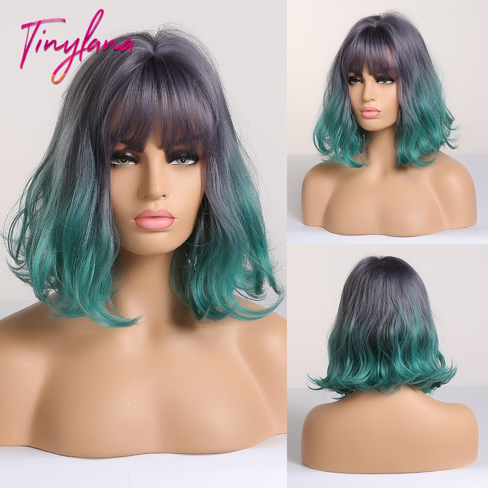 TINY-pelucas sintéticas de LANA recto oscuro para mujer, con flequillo, peluca de Bob corto, pelo Bobo resistente al calor, para Cosplay: ss157-1