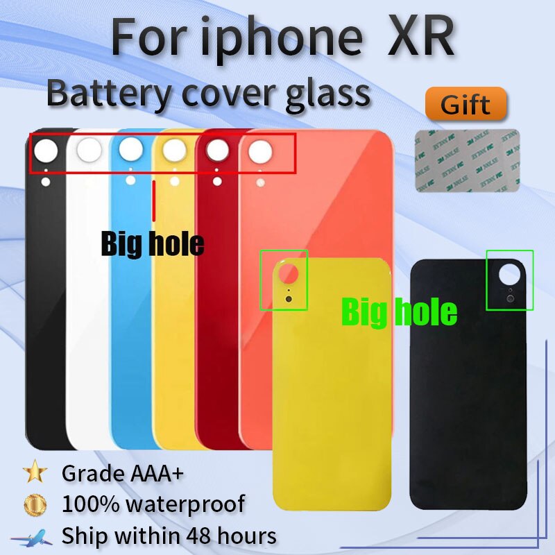 Dla iphone XR wysokiej jakości fabrycznie nowy oryginalny duży otwór baterii drzwi szklane tylna pokrywa powłoki, szkło powrót powłoki + naklejki samoprzylepne