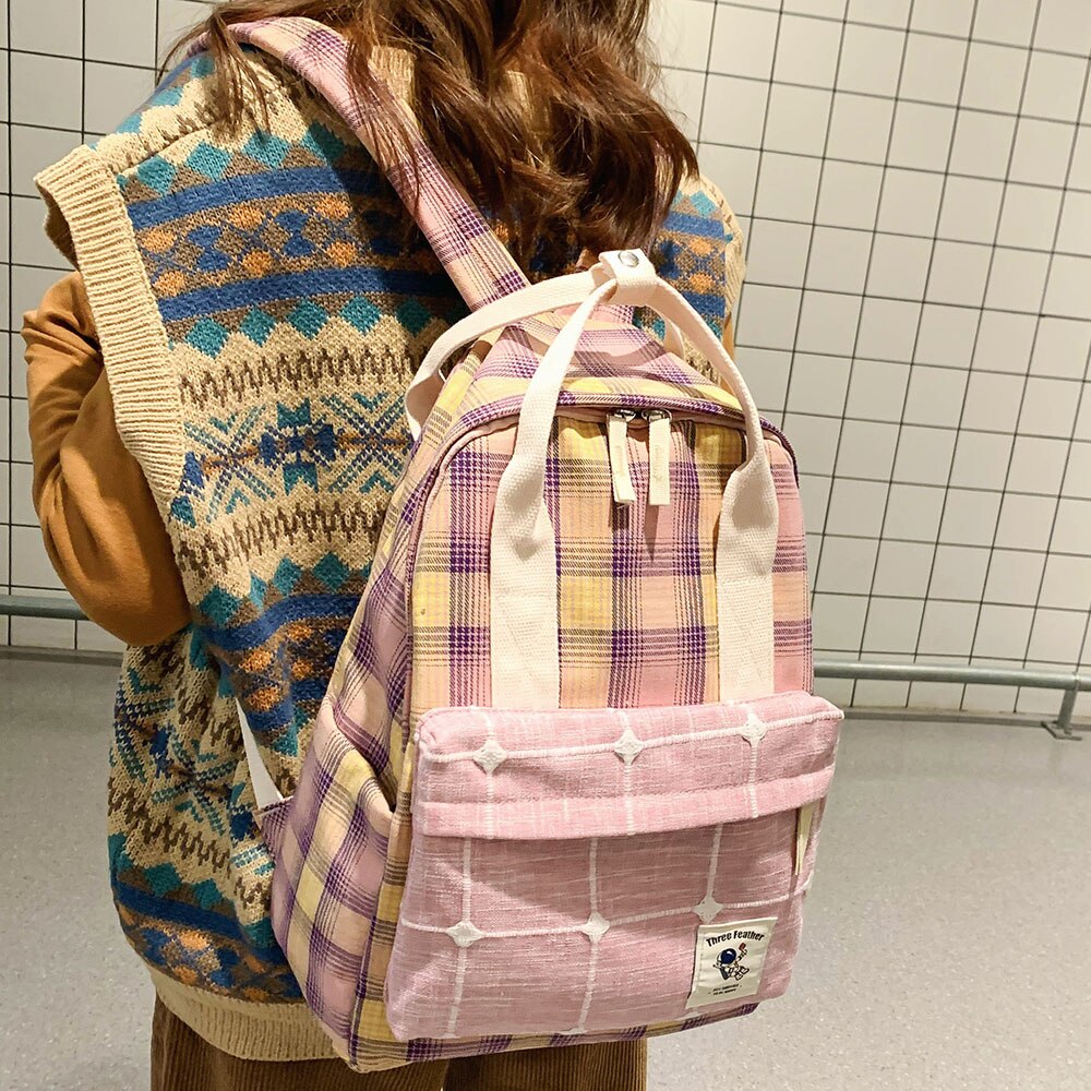 Femminile plaid Carino Zaino A Righe Donne della Tela di Canapa Del Sacchetto di Scuola Vintage ▾ Ragazza Kawaii Zaino Harajuku Signore di Lusso Borse alunno libro