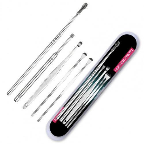🔥Cure-oreille en acier inoxydable, 5 pièces, cure-oreille, dissolvant, Curette, nettoyeur, soins, cuillère, outil de nettoyage des oreilles: Argent