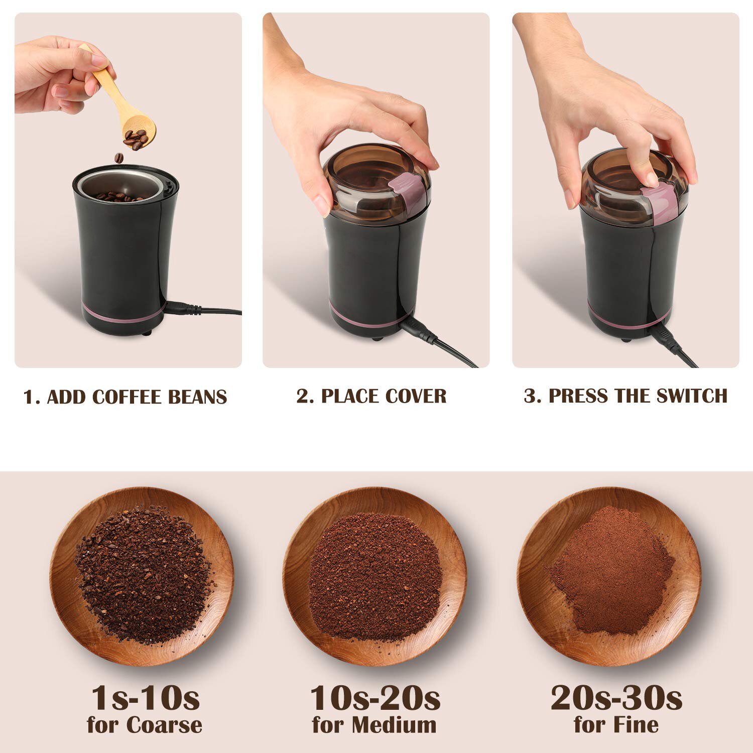 Yajiao kaffemaskin elektrisk kvarn bönkrydda med blad av rostfritt stål avtagbar kraft för kaffebönsump korn