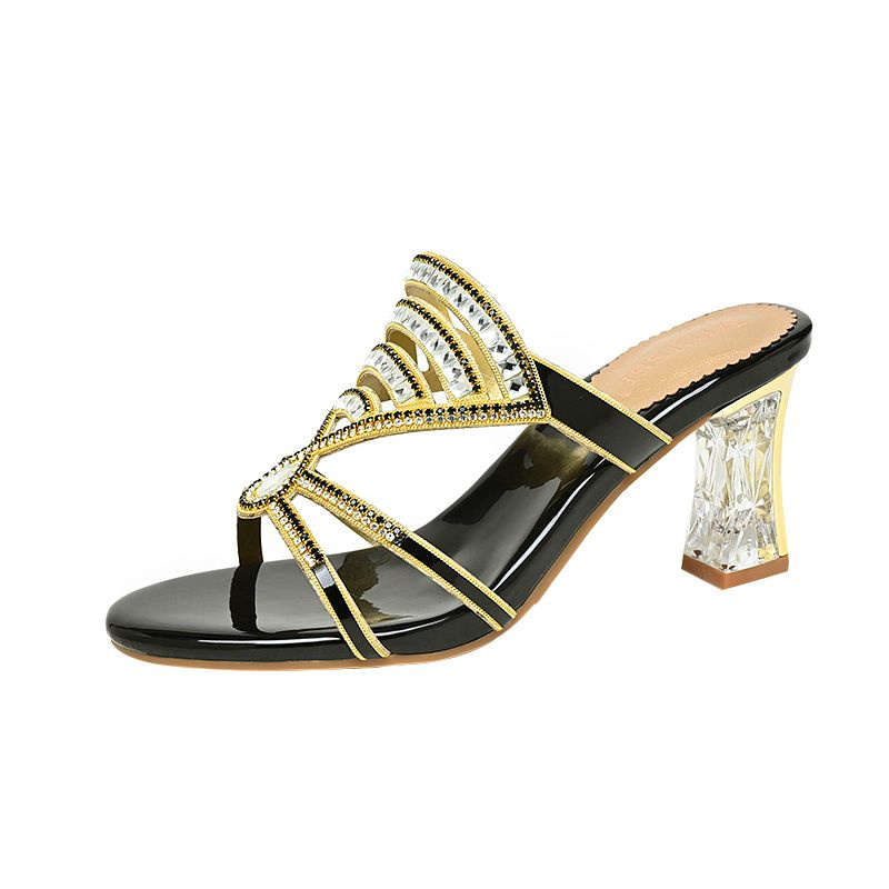 Mode Zomer Sandalen Dames Diamanten Sandalen Hoge Hak Slippers Anti Slip Banket Schoenen Adem Diamant Strandschoenen: Black / 35.5