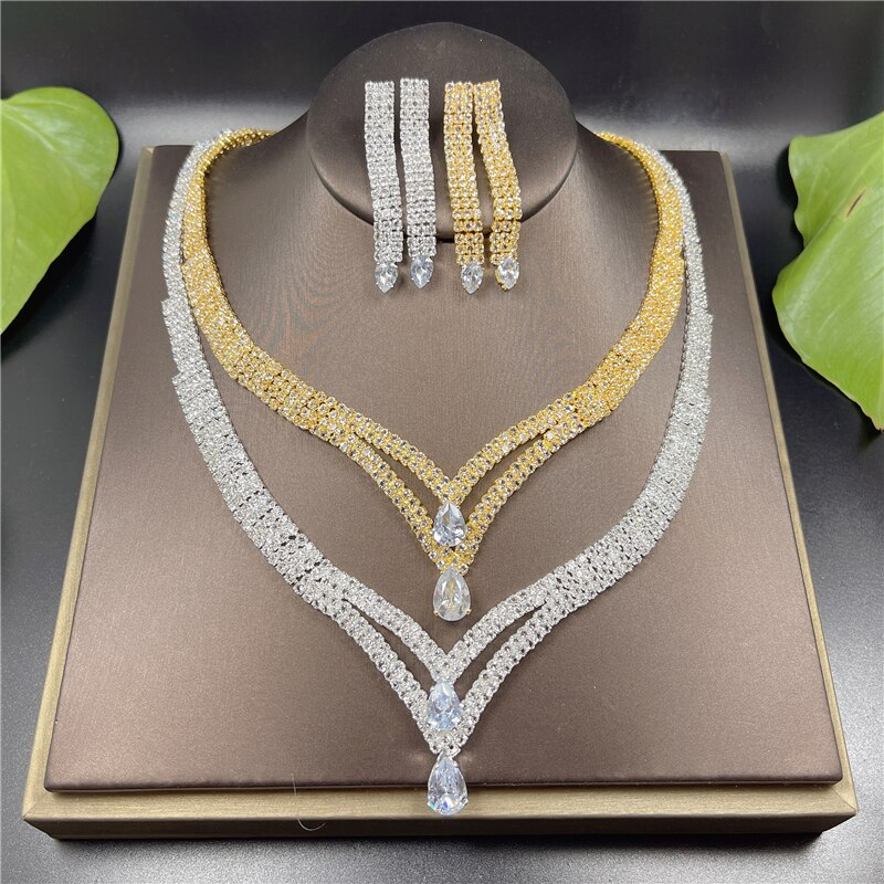 Mode Kristal Bruids Sieraden Sets Zilver Kleur Geometrische Choker Ketting Oorbellen Armband Ring Vier Stuk Bruiloft Sieraden Set