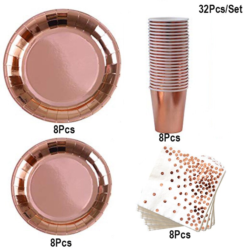 Set roségouden feestdecoraties, ballonnen, kwastjes, folie, franjes, gordijnen, tafellopers, linten voor een bruidsdouche, babyshowerfeestje: 1 set servies
