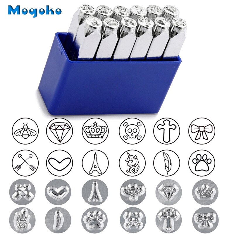 Mogoko 6mm Metal Stamp Punch Tool Aluminium Leather Unique Marking Symbol Punching Stamps Tools Craft for Stamping 12 Patterns