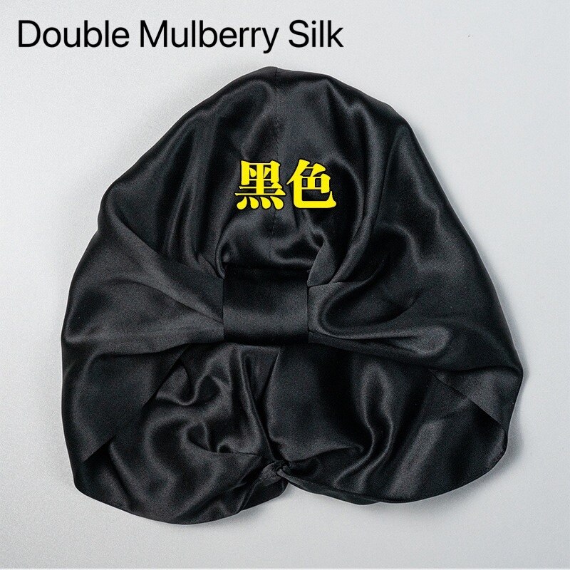 100% puro seda amoreira elástica noite boné amoreira seda envoltório de cabelo dormir gorro para mulher 19 momme sleeping cap único/duplo: Black 02