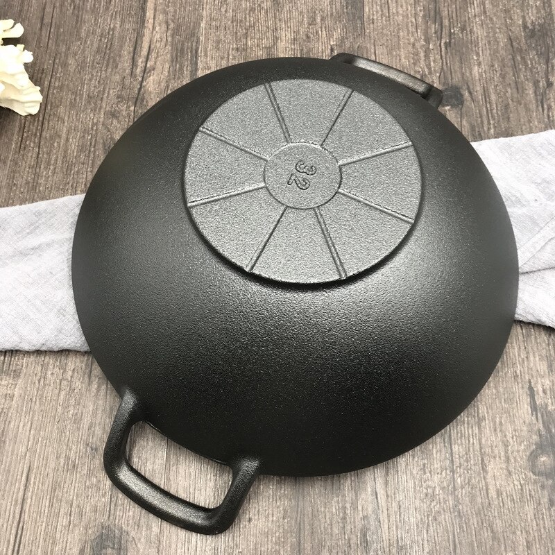 Oude-Stijl Binaural Gietijzeren Wok Gietijzer Pot Verdikte Non-stick Pan Ongecoat Platte Bodem Wok