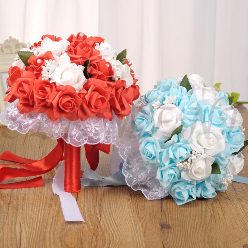 Ramos de novia de flores Artificiales, accesorios de boda, Blanco, Morado, AZUL CIAN, 9,8 pulgadas