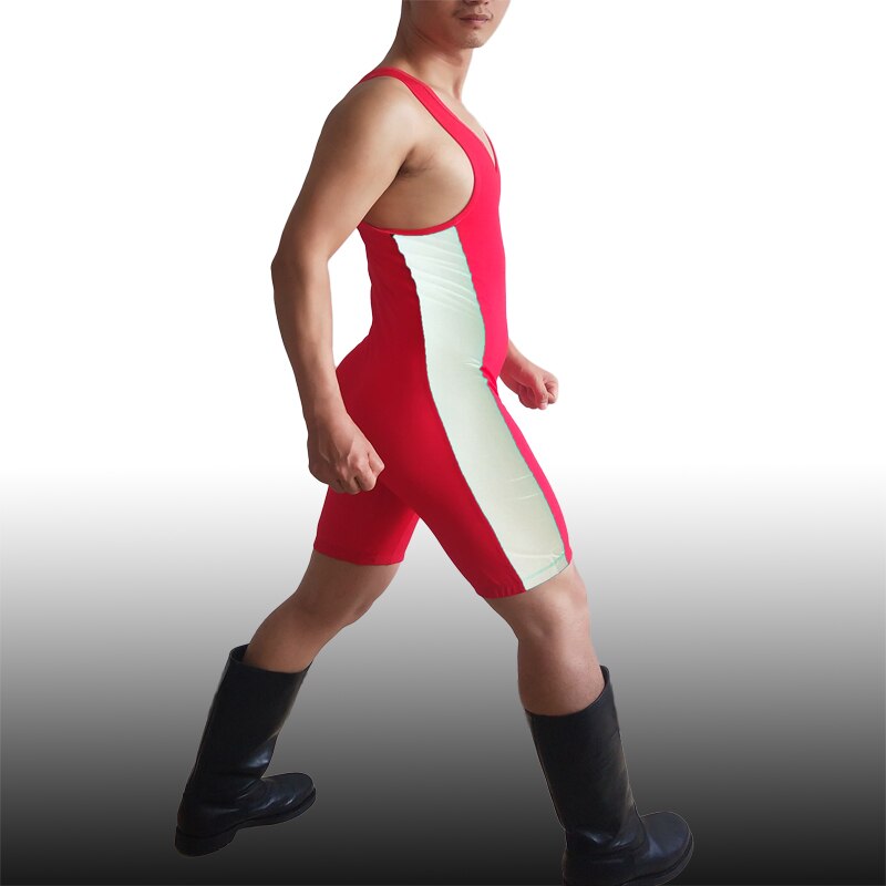 Badiace Red Combined Man Wrestling Singlet Wrestler Leotard Bodywear Gym Outfit One Piece Rowing Suit