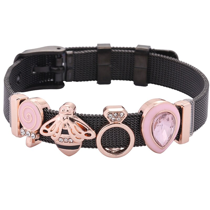 Stainless Steel Pink Lollipop Bracelet For Women Mesh Bracelet Set Crystal Bees Charm Fine Bracelets Bangles for Female Lover: D001