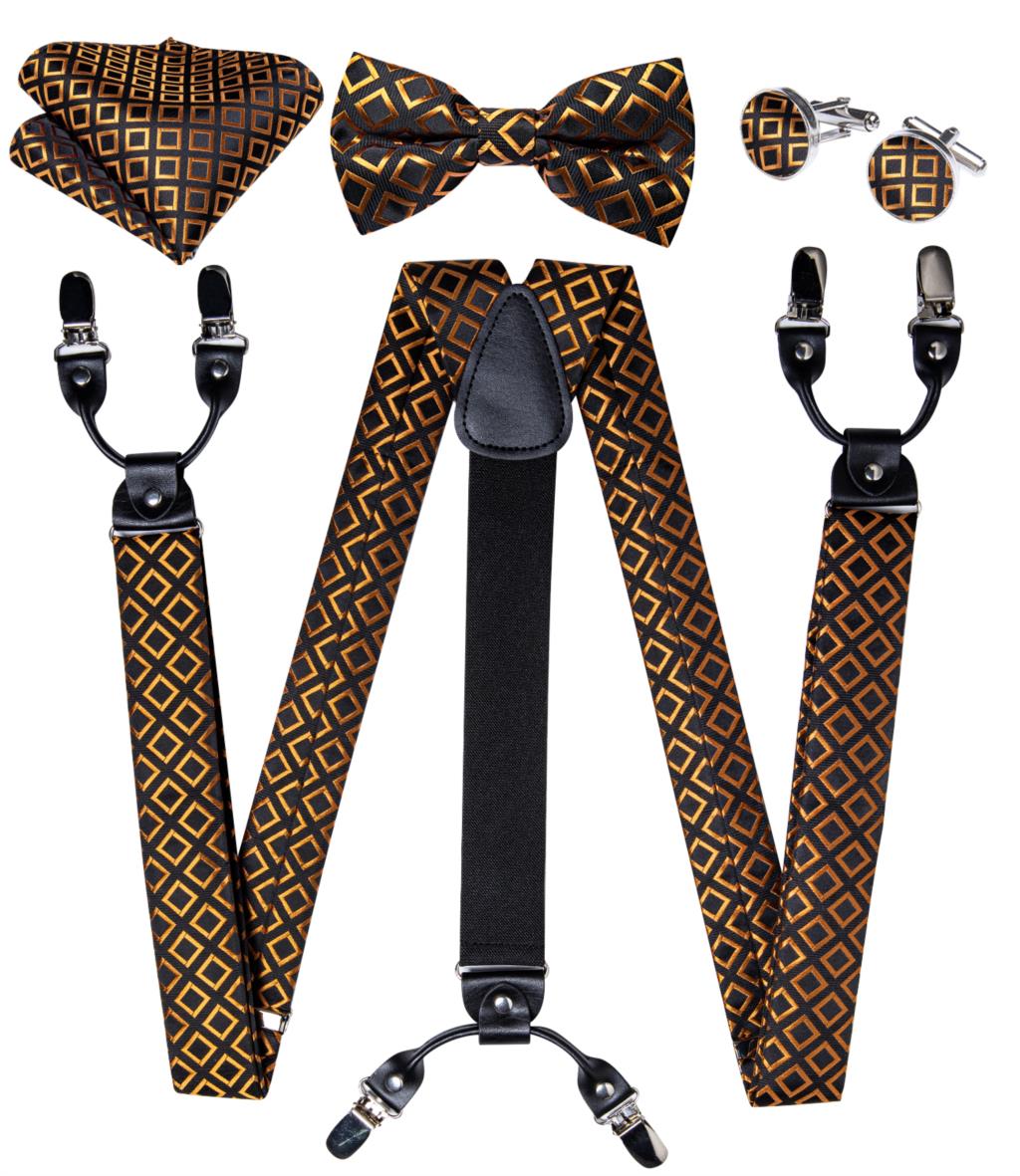 Luxury Yellow Men's Suspenders Silk Elastic 6 Clips Braces Wedding Party Accessories Men Y-back Suspenders Bow Tie Set DiBanGu: BD-4016