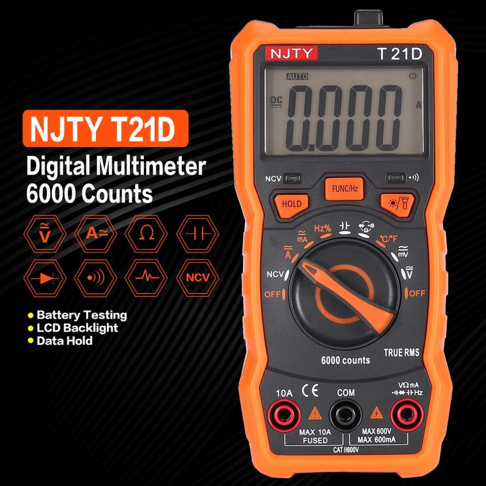 Multimètre numérique NJTY T21D courant continu/ca ampèremètre portatif Ohm Diode NCV testeur 6000 comptes multitesteur