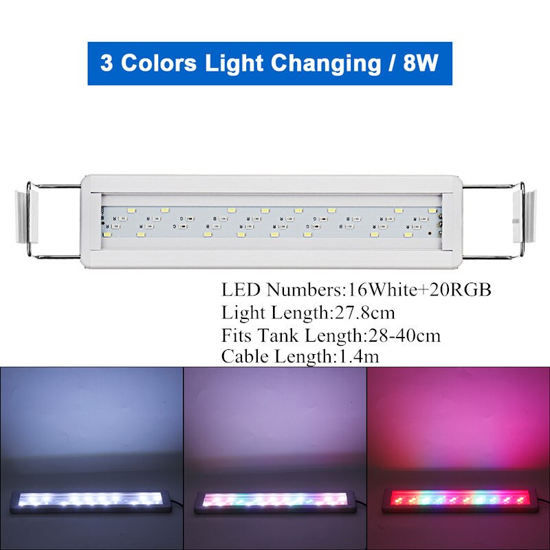 Lámparas LED para acuario, iluminación brillante con Clip para tanque de peces, plantas acuáticas, lámpara de cultivo, decoración de Acuario, 3 colores, 7-23 pulgadas: 8W