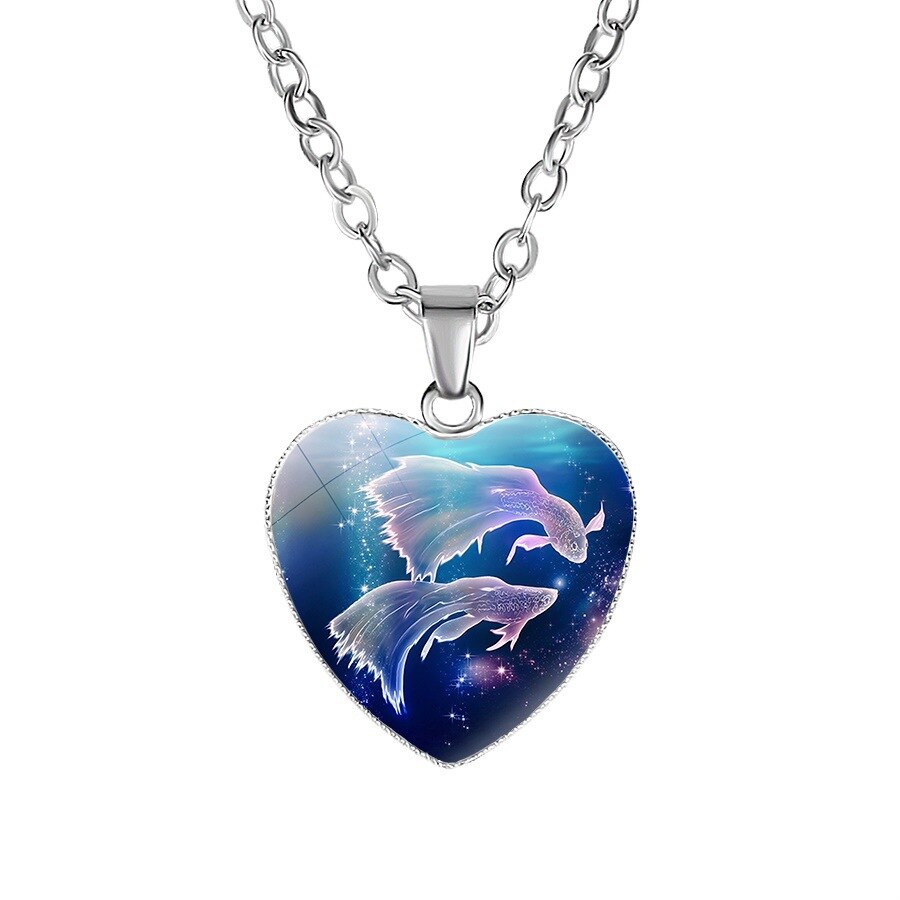 12 Sterrenbeeld Ketting Voor Vrouwen Glas Constellation Hart Vormige Hanger Kettingen Choker Vrouwelijke Mode Verjaardag Sieraden: Pisces