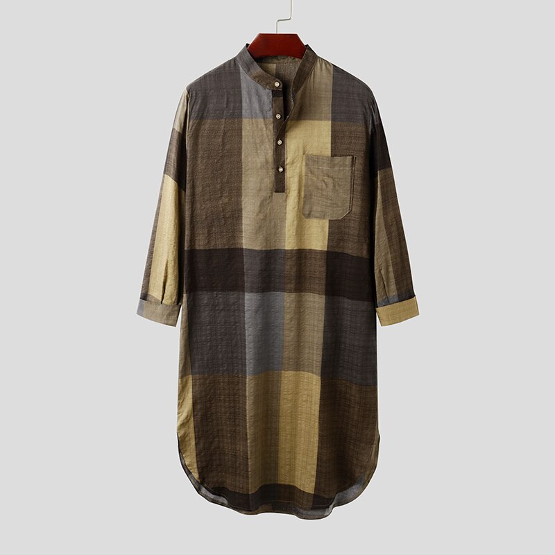 Incerun Moslim Mannen Islamitische Kaftan Lange Mouwen Stand Kraag Katoen Plaid Vintage Casual Robes Streetwear Caftan Mannen Jubba Thobe: Brown / S