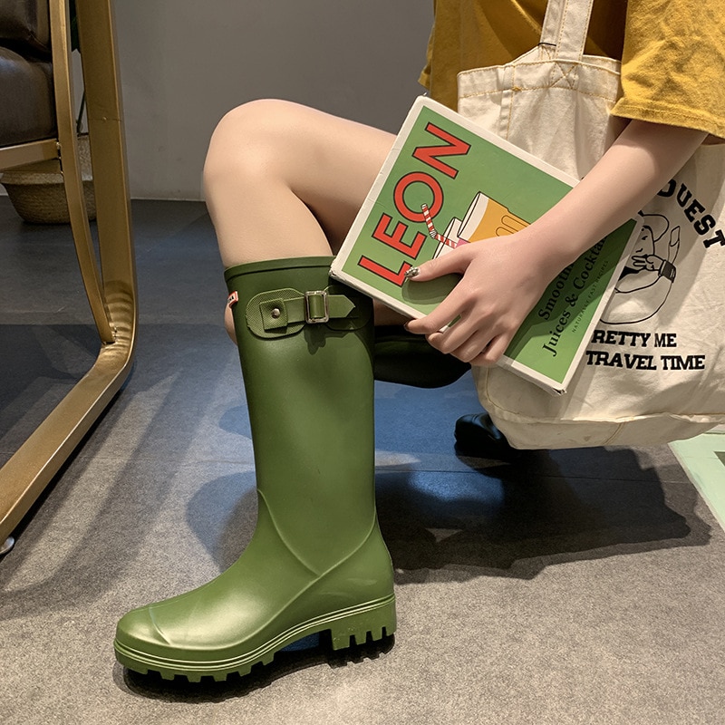 Winter engeland hoge buis effen kleur waterdichte regenlaarzen dames rubberen schoenen regenlaarzen lente en herfst: Legergroen / 6