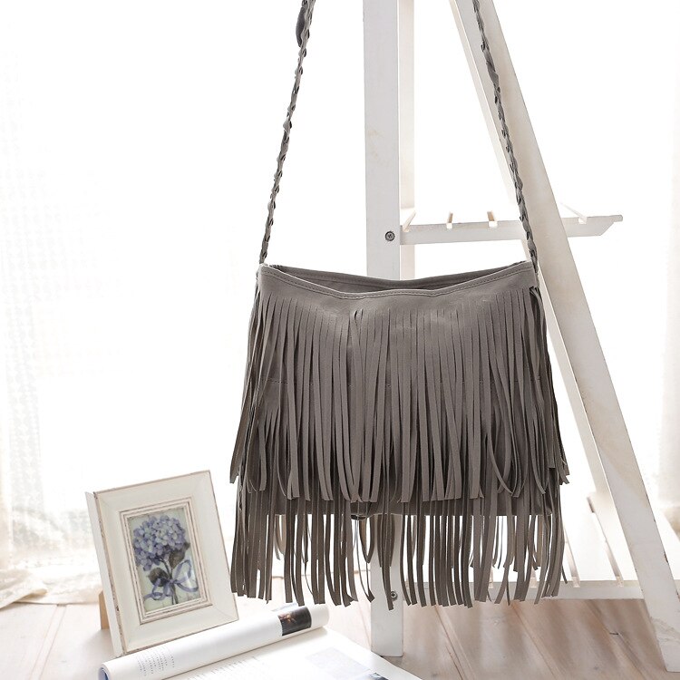 Vintage Frosted PU Leather Fringe Tassel Bags Women Handbag Messenger Crossbody Shoulder Bag Woman Lady Bohemian Hippie Hobo Bag: 2