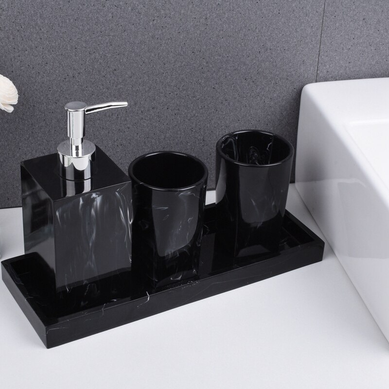 Lber marmor tekstur badeværelse leverer sort 4 stk harpiks badeværelse tilbehør med dispenser tandbørsteholder sæbedispenser
