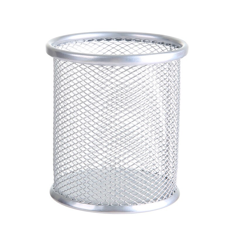 Pencil Holder Office Desk Metal Mesh Square Pen Pot Case Stationery Container Organiser Durable Pencil Case Black: Round silver