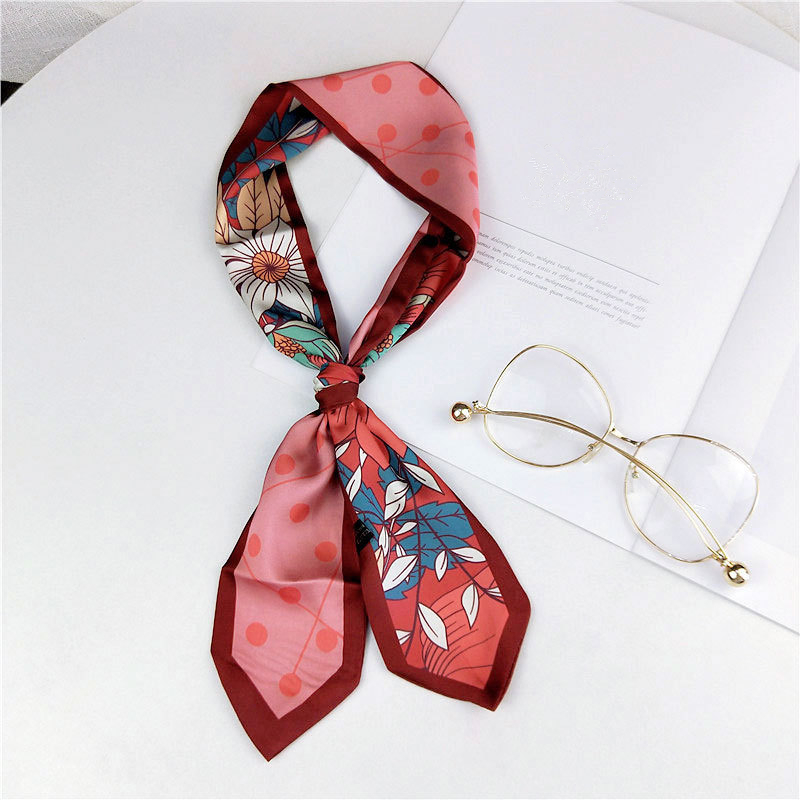Aomu 7*92cm langt tyndt hår hals slips krave tørklæde ladie blomst trykt silke satin hoved håndtaske bånd tørklæder til kvinder